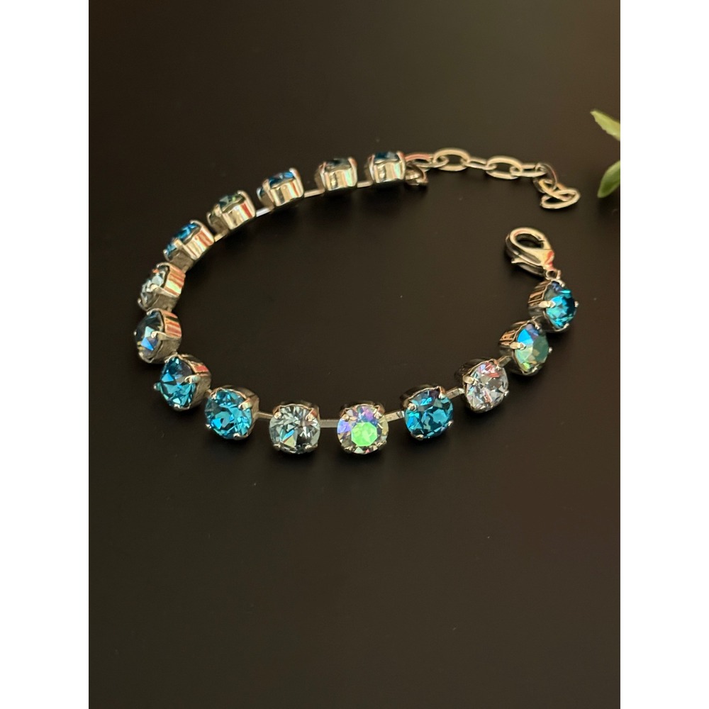 Blue Crystal Tennis Bracelet Silver Tone Adjustable 7-9 Inch Aurora Borealis - Picture 7 of 10